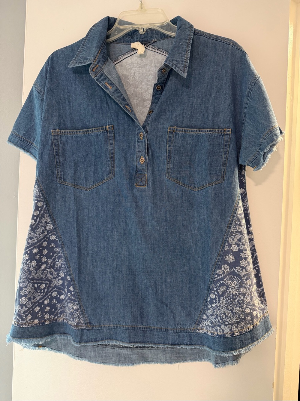 Easel Blue and Cream Labeled Shirt with Contrast Stitching